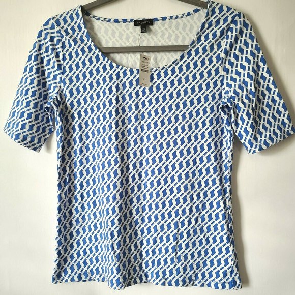 Talbots Tops - Talbots SS Stretch Scoop Neck Top Size XS Abstract Print Blue White NWT